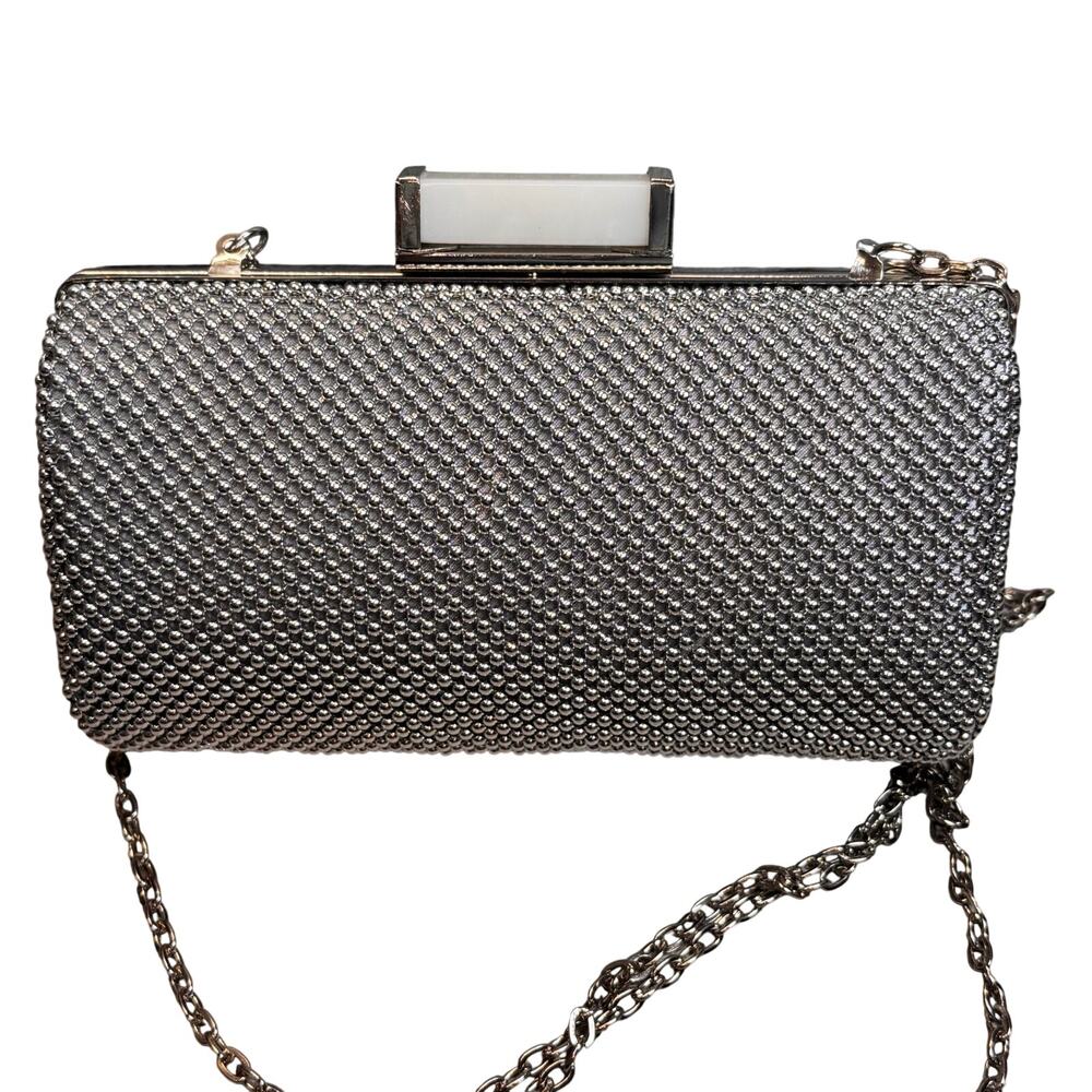 Jessica McClintock Silver Metal Mesh Beaded Clutch